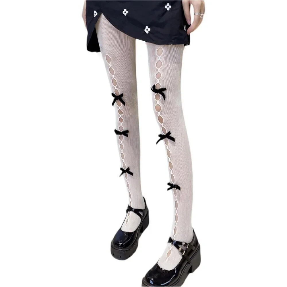 Women Lace Lolita Tights Mesh Bows Goth Stockings Knee High Leggings